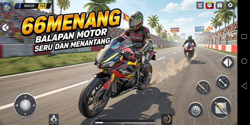 Screenshot gameplay 66MENANG menampilkan balapan motor yang mendebarkan.