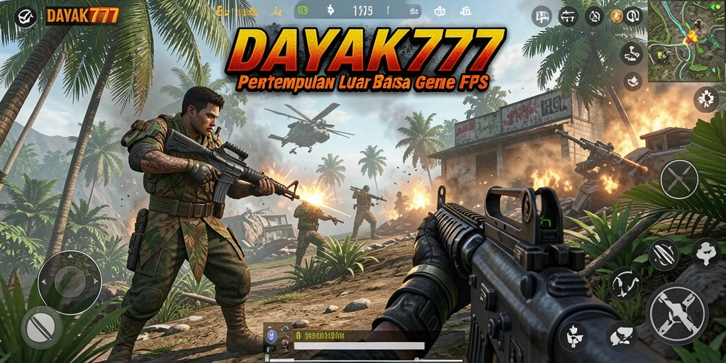 Tangkapan layar utama DAYAK777 menunjukkan aksi gameplay FPS yang mendebarkan.