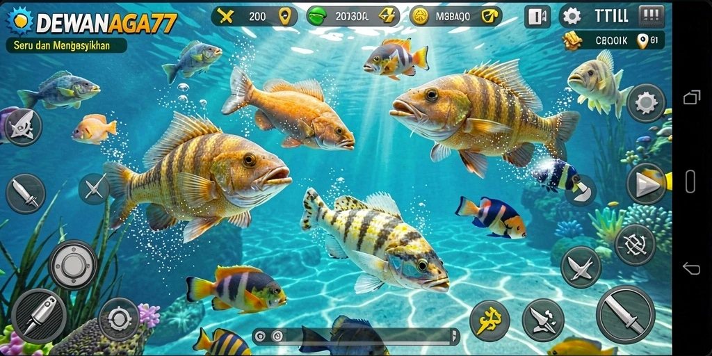 Tangkapan layar menampilkan aksi seru dalam DEWANAGA77 saat menembak ikan.