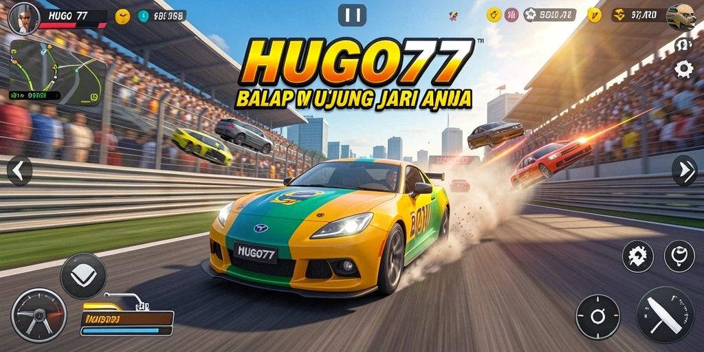 Tampilan gameplay seru HUGO77 saat balapan di lintasan.
