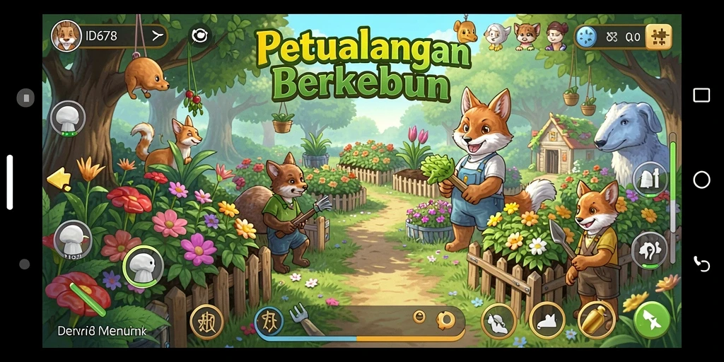 Tangkapan layar gameplay ID678 menampilkan aktivitas berkebun yang seru.