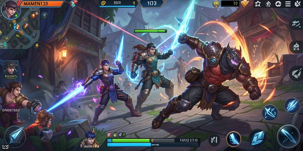 Screenshot gameplay menampilkan pertarungan epik di arena MOBA.