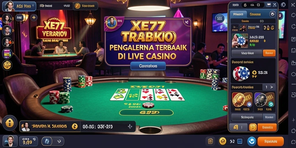 Screenshot utama XE77 menampilkan dealer langsung dan permainan kasino yang seru.